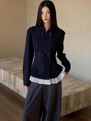 Women's Korean Style Ruffle Lapel Double-Breasted Long Sleeve Shirt for Early Autumn