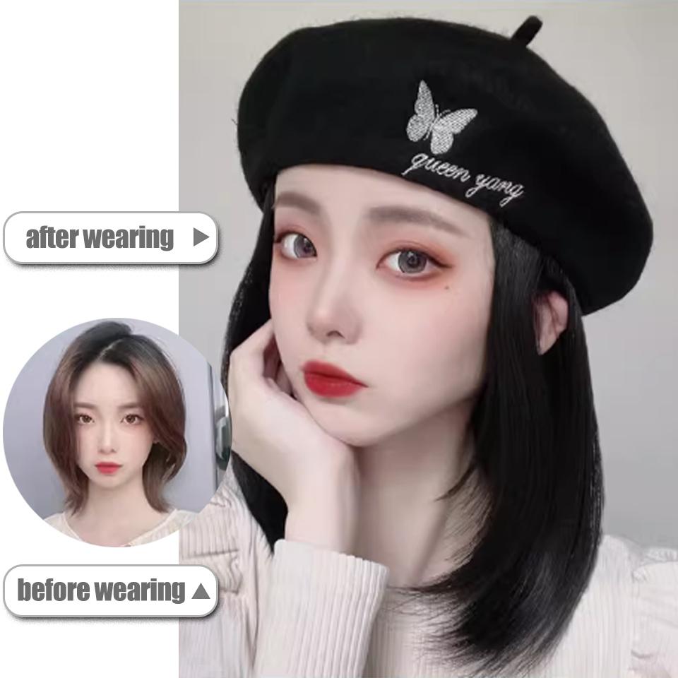 WTB Hat Wig Integrated Synthetic Wig Female Autumn And Winter Embroidery Butterfly Beret Clavicle Hair Straight Hair Hat Wig