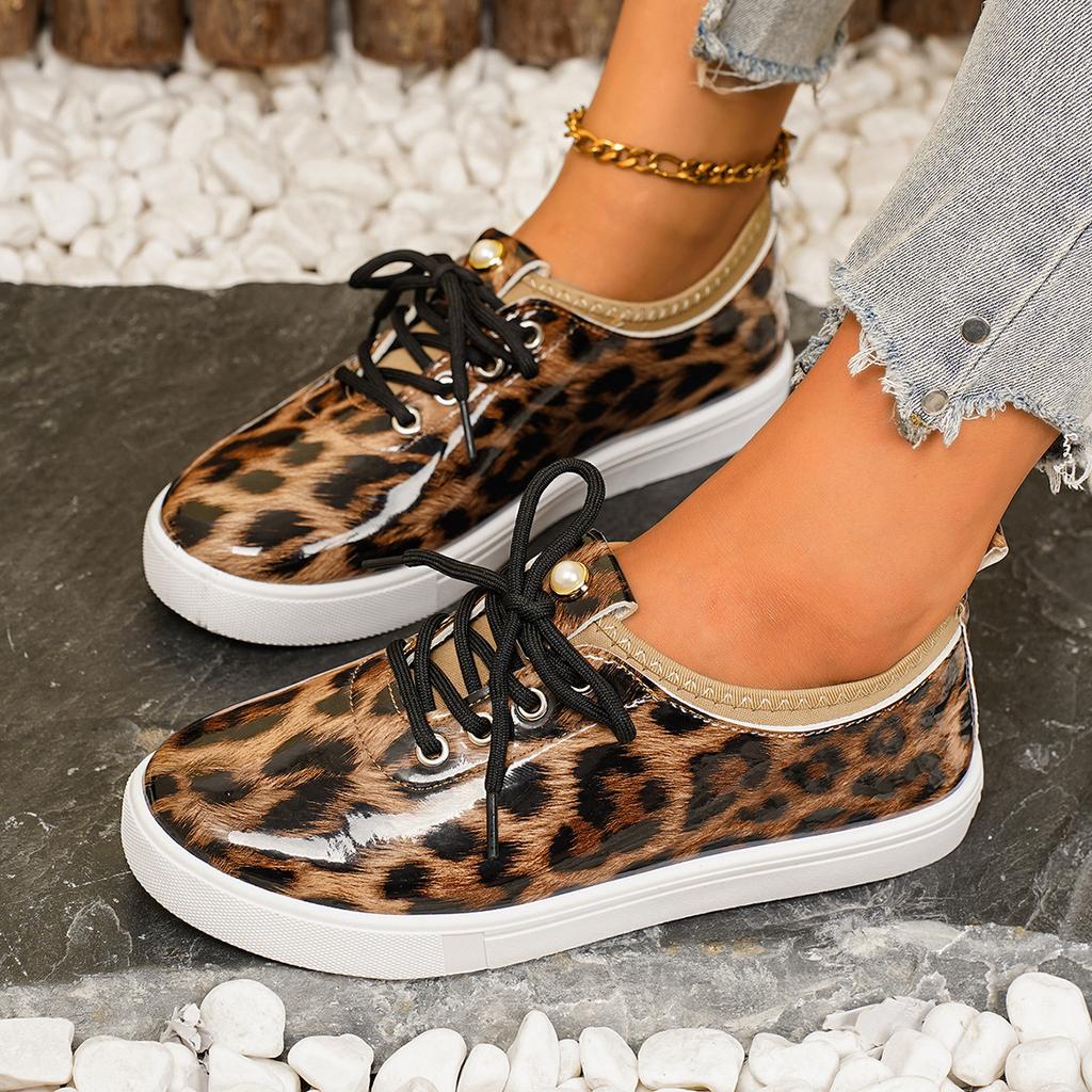 Plus Size Leopard Print Thick Soled Vulcanized Shoes Women, Non Slip Sports Casual Shoes, Lace Up Height Increasing Single Shoe