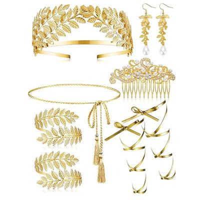 European & American Alloy Leaf Headband with Flower Earrings and Baroque Crown Hair Comb for Brides