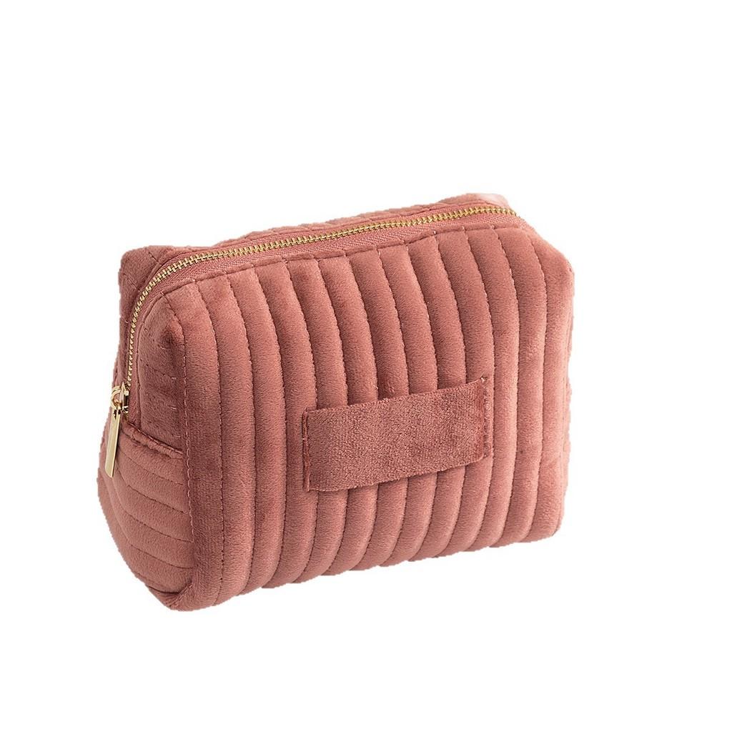 Velvet Makeup Bag With Striped Quilted Design For Women Portable Organizer