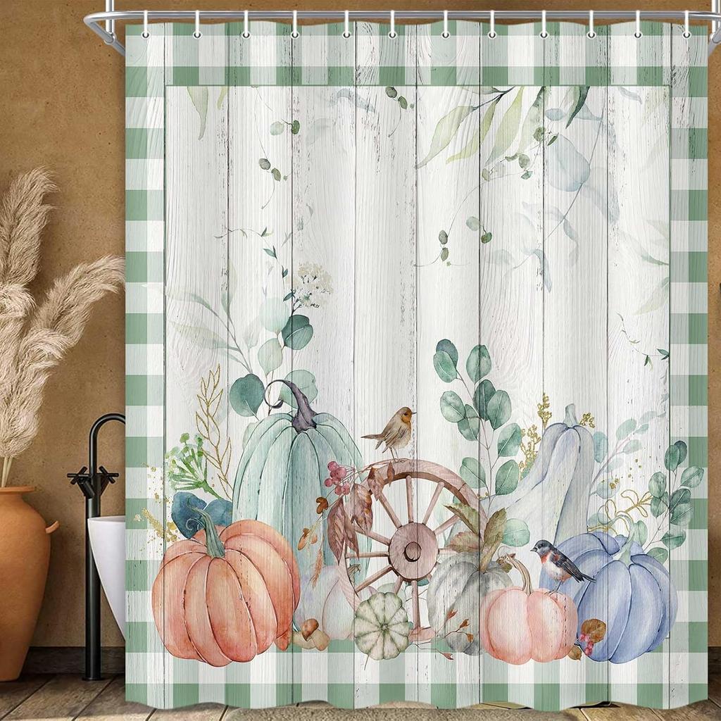 Fall Shower Curtain Set - Autumn Sunflower Pumpkin Gnome Design, Waterproof Farmhouse Bath Decor with 12 Hooks, 71x71 Inch