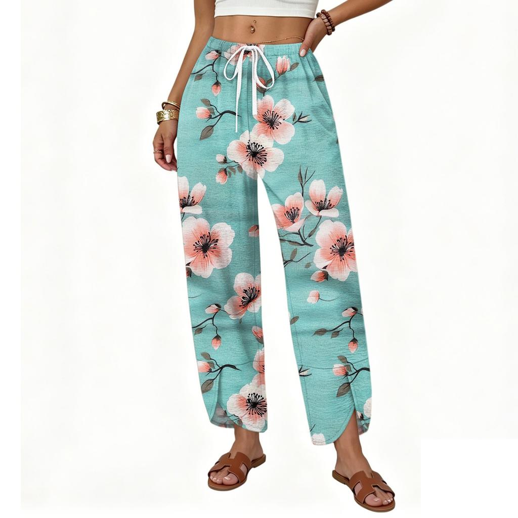 Women's Casual Loose Fit Wide Leg Drawstring Pants Floral Print Straight Cut Lightweight Trousers for Everyday Wear