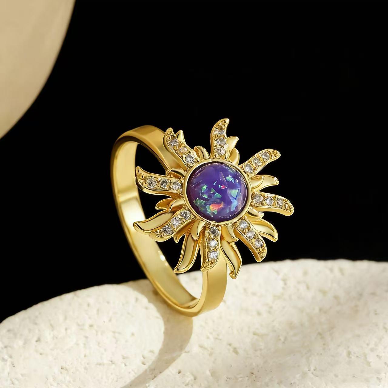 Gold-Plated Copper Sunflower Ring with Opal and Zircon for Women