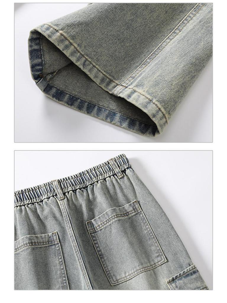 LKTM Men's Japanese Retro Multi-Pocket Workwear Jeans - Loose Straight Wide-Leg Pants