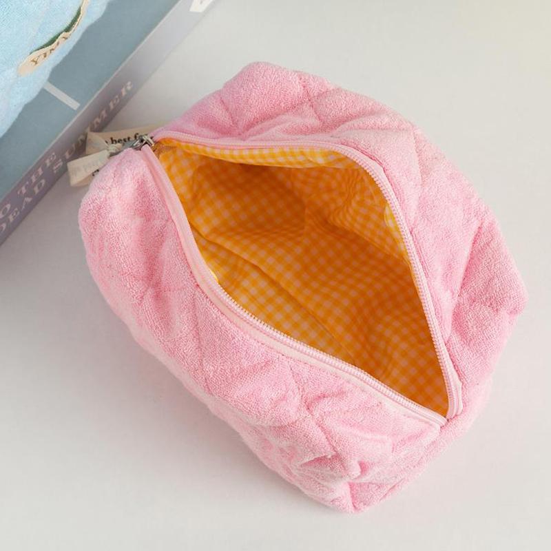 Cute Plush Diamond Lattice Cosmetic Bag Girl Pencil Case High Capacity Portable Storage Bag Toiletry Bag Student Stationery Gift