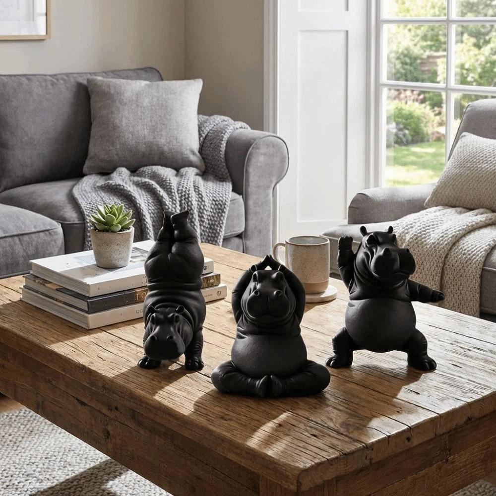 3Pcs Art Crafts Yoga Hippo Statue Calm Animal Hippopotamus Ornament Hippo Figurines  Desk Decoration