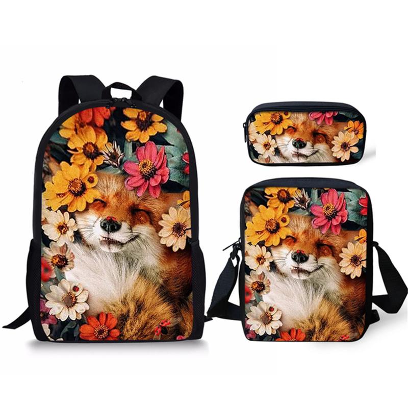 Harajuku Youthful Peculiar Funny Fox 3D Print 3pcs/Set Student Travel Bags Laptop Daypack Backpack Shoulder Bag Pencil Case