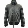 Cow Leather Padded Blouson Border Design Snap Button Hidden Placket Black L