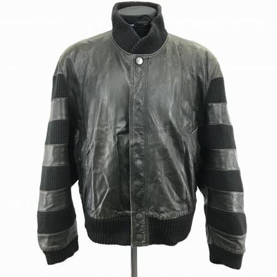 Cow Leather Padded Blouson Border Design Snap Button Hidden Placket Black L(USED)