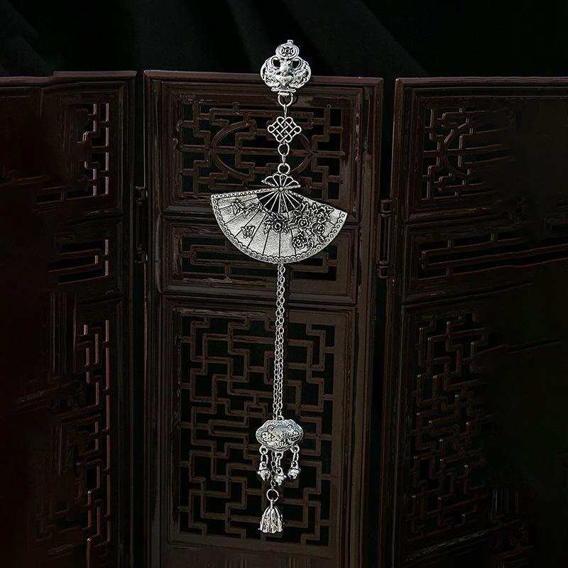 Retro Chinese Plum Blossom Fan Brooch with Tassel Pendant