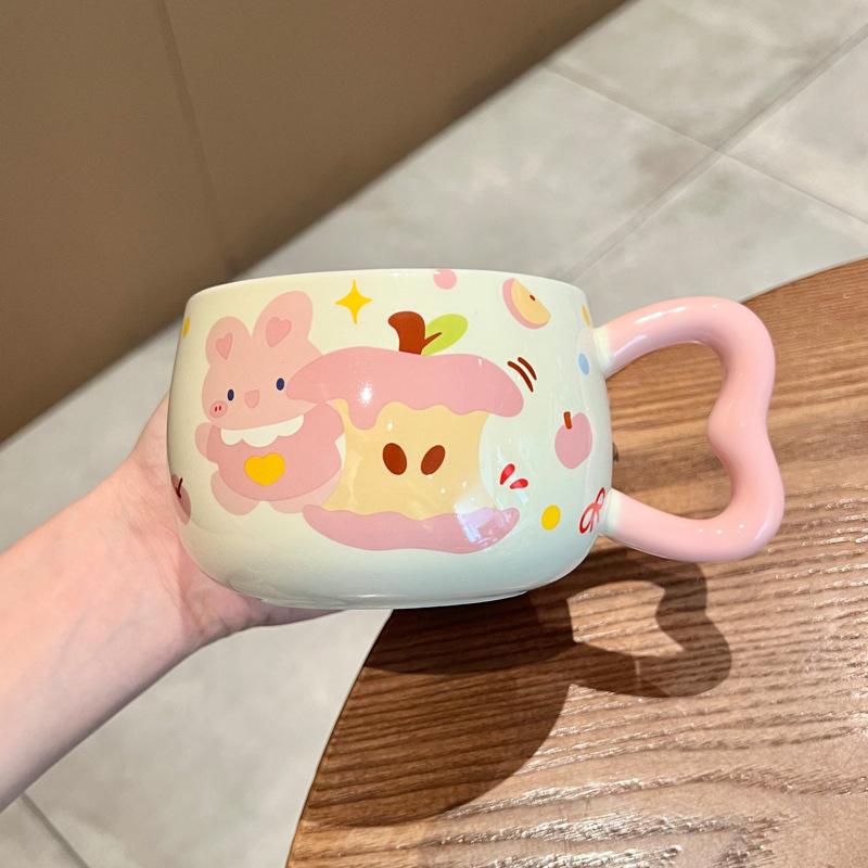 Apple Puppy Water Cup Super Beautiful Rabbit Ceramic Cup with Lid Spoon Couple Mug for Girls' Birthday Gift