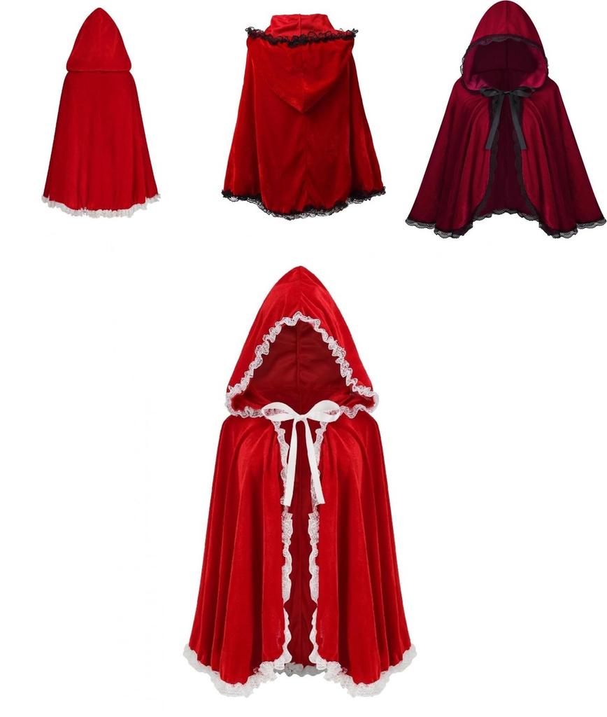 Lussuoso Mantello Corto con Cappuccio e Bordi in Pizzo Rosso Vino per Donna Perfetto per Halloween e Altro