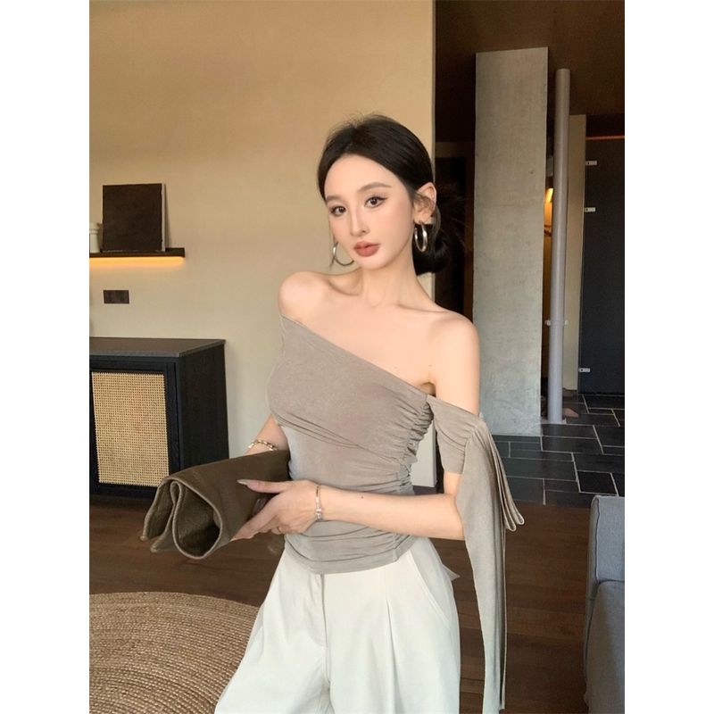 Kumikumi Pure Desire Style Sloping Shoulder Slim Fit Slimming T-shirt Women Summer Elegant High Waist All-Match Casual Pants Two-piece Set