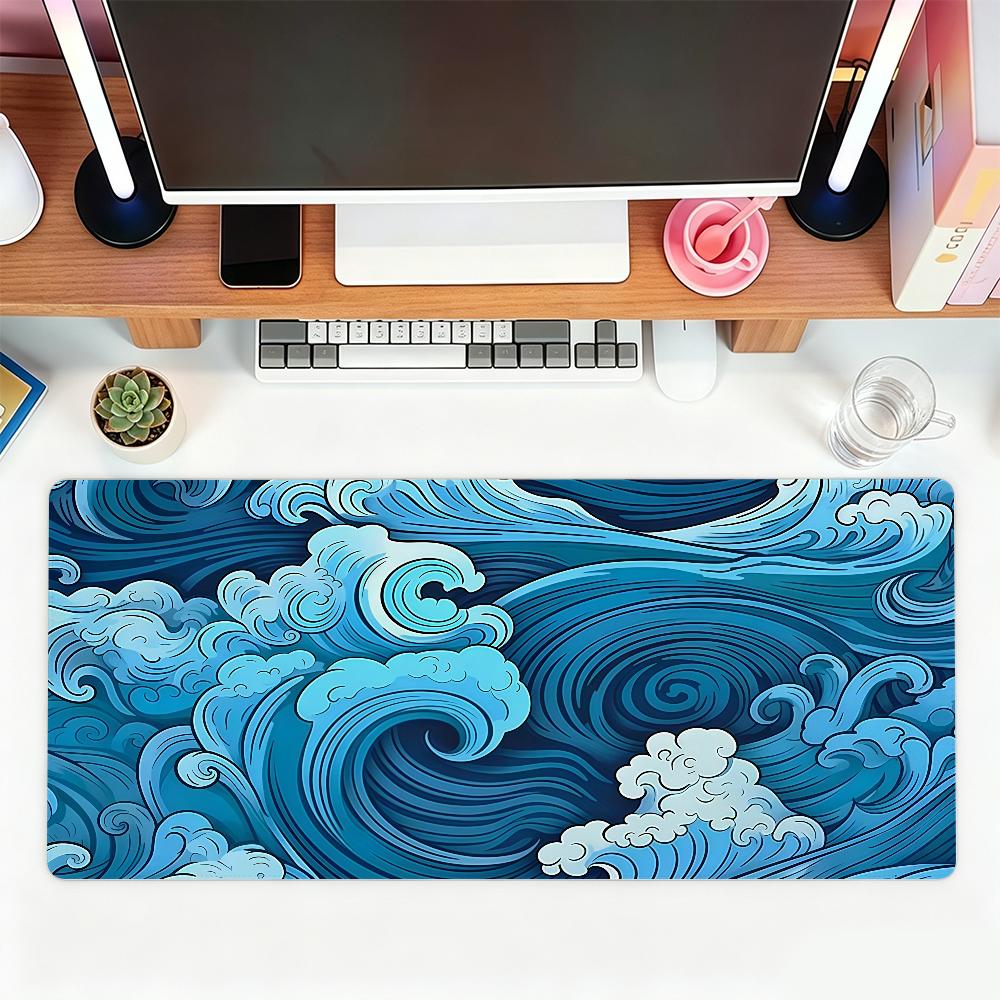 Japanese Ocean Wave Large Mouse Pad Blue SeaWave NonSlip Rubber Desk Mat Extended Keyboard Pad For Gaming Office Home Decor