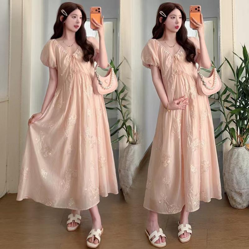 Elegant Embroidered V-Neck Maternity Dress with Adjustable Puff Sleeves for Summer 2026 Medium