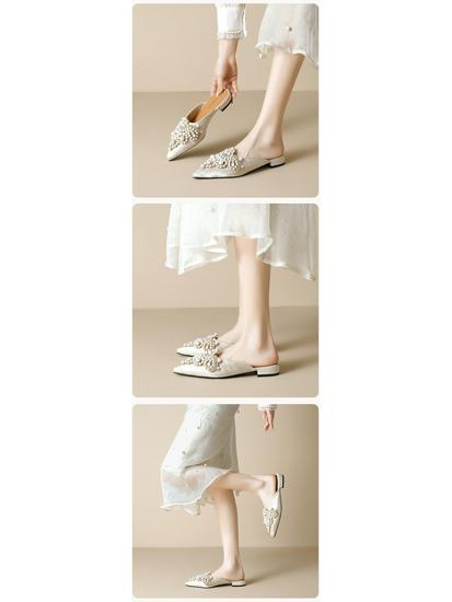 Weiwei Girl Pearl Rhinestone Slip-on Closed Toe Sandals - Women's Chinese Style Flat Heel Half Slippers for Summer