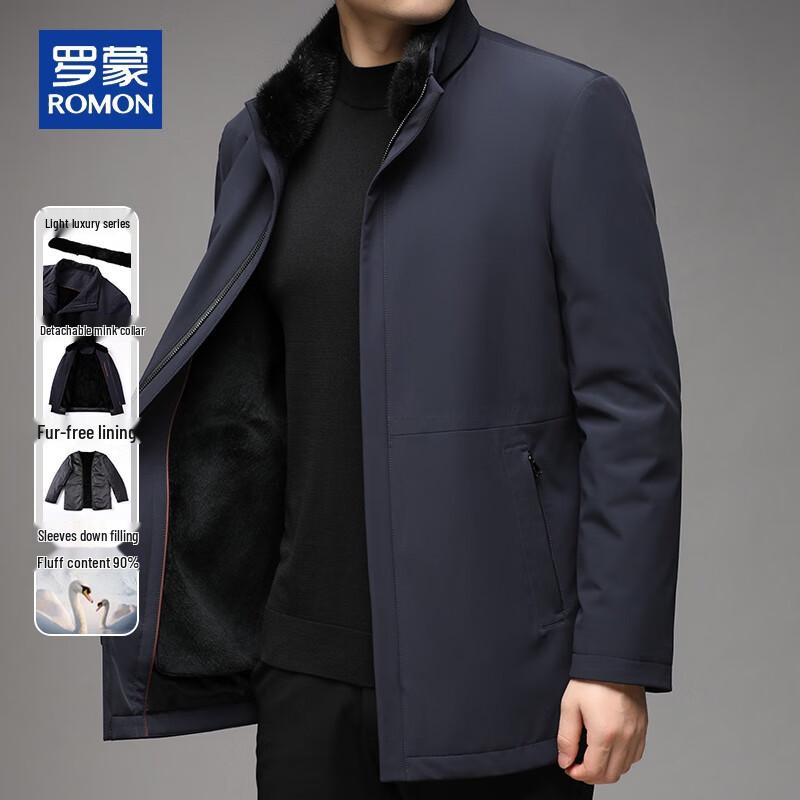 

ROMON Men s Mid-Length Down Jacket with Detachable Rabbit Fur Lining & Mink Collar 2XL
