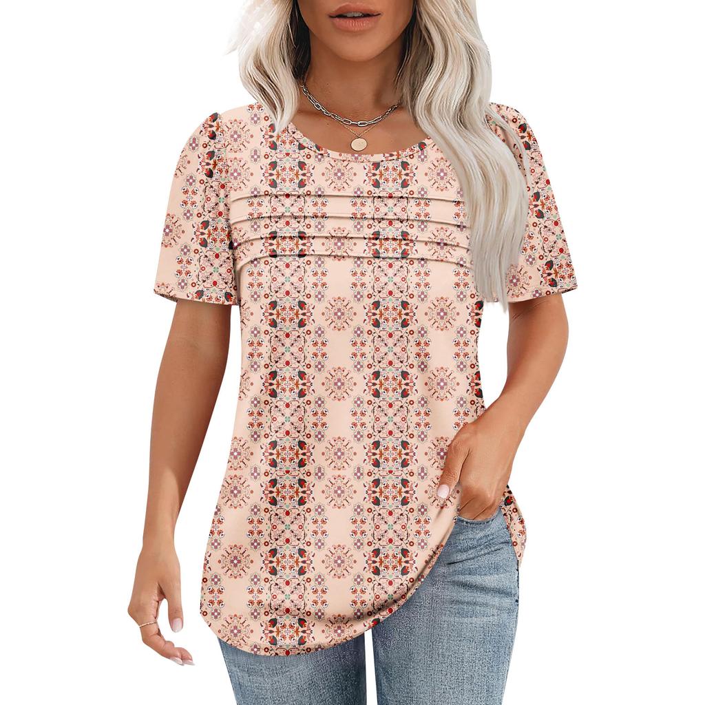 Women's T-shirt Short Sleeve Tops Elegant Casual Shirt Spring Summer Outfit Flowy Pleated Front Round Neck Summer Tops