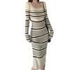 2026 Autumn/Winter Slim-Fit Striped Knit Midi Dress with Long Sleeves - French Style