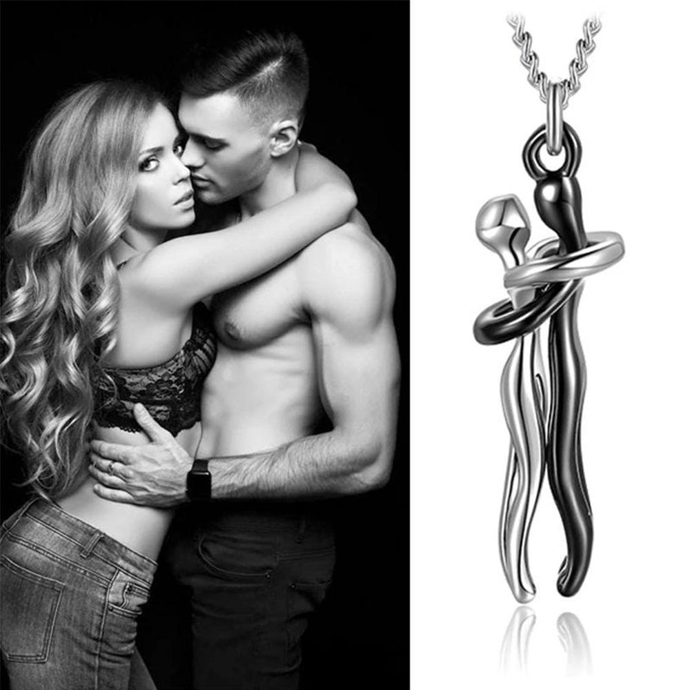 Unique Black Couple Hug Pendant Necklace, Elegant Symbol Of Love, Versatile Jewelry Accessories For Daily Gatherings