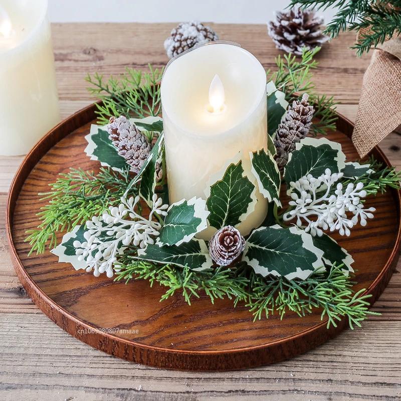 Christmas Candlestick Wreath Artificial Berry Garland Candle Ring Xmas Table Decoration Green Leaves Wreath for Candle Holder