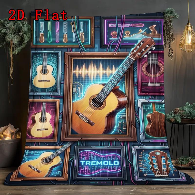 Guitar Sound Waves Technology 2D Flat Pattern Flannel Blanket, High Quality All Seasons, Home Decor, Warmth and Comfort, Perfect for Christmas Gifts.