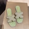 Slippers women's flat heel outer wear year summer beaded travel beach rhinestone flat sandals one word sandals commuter style