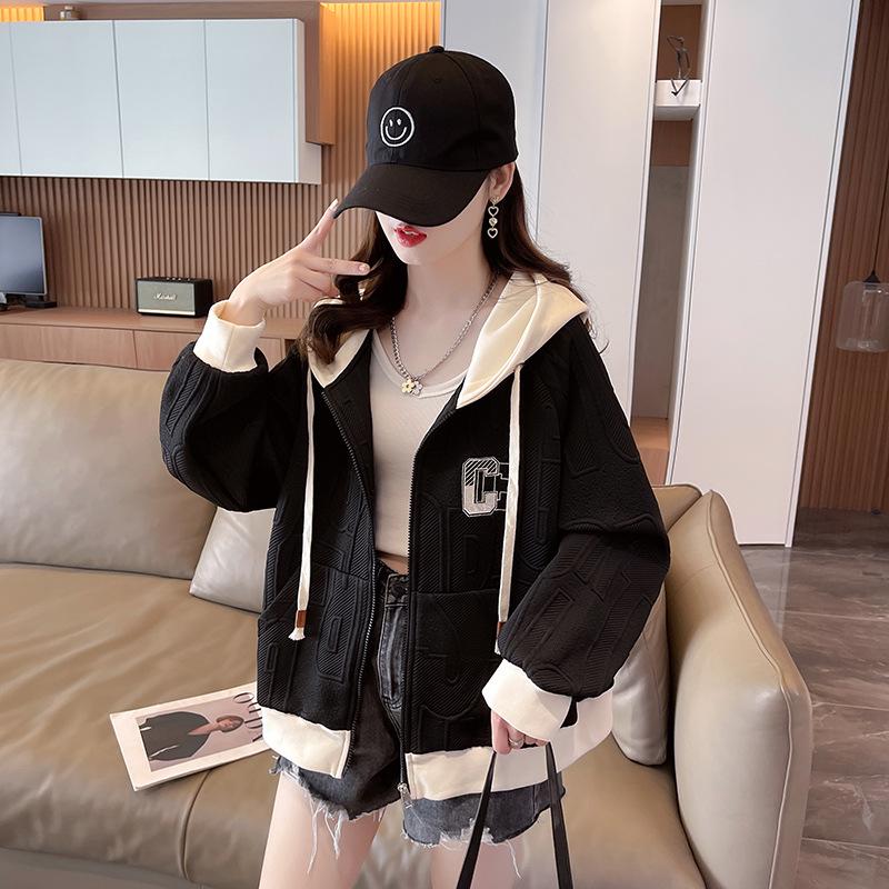 Women's Hooded Color Block Casual Jacket - Korean Style, Lightweight, Loose Fit, Petite, for Spring/Autumn 2025.