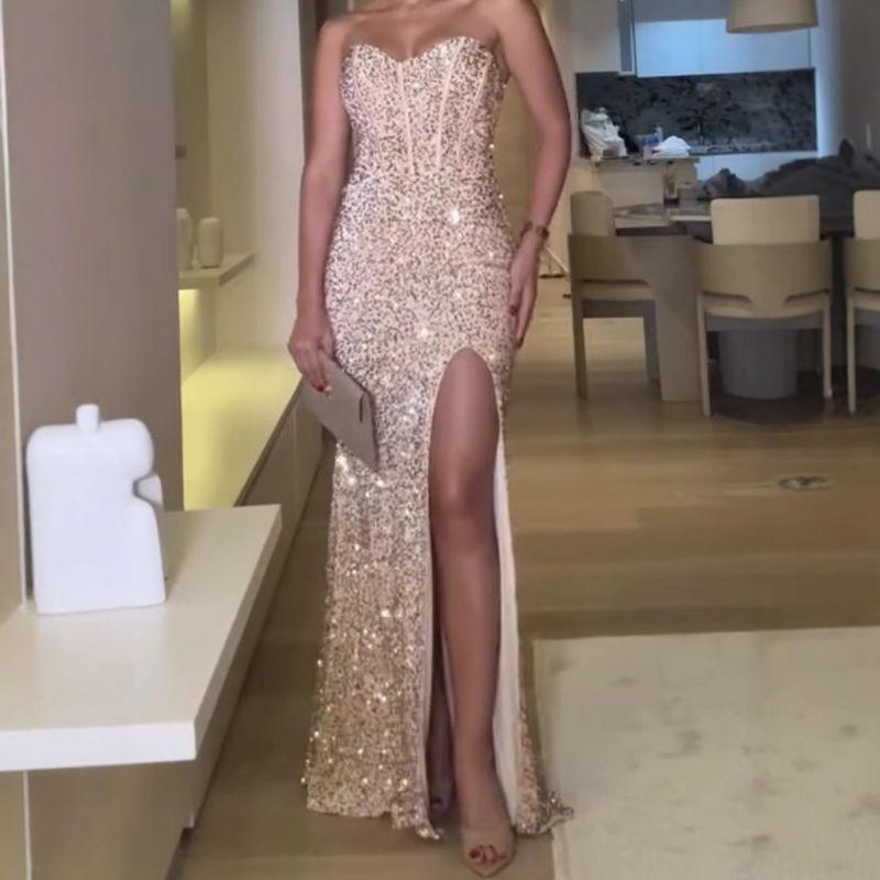

2025 Spring Clothes Magic Color Sequin Back Lash Rope Corset Side Slit Tube Top Fishbone Evening dress Gold M