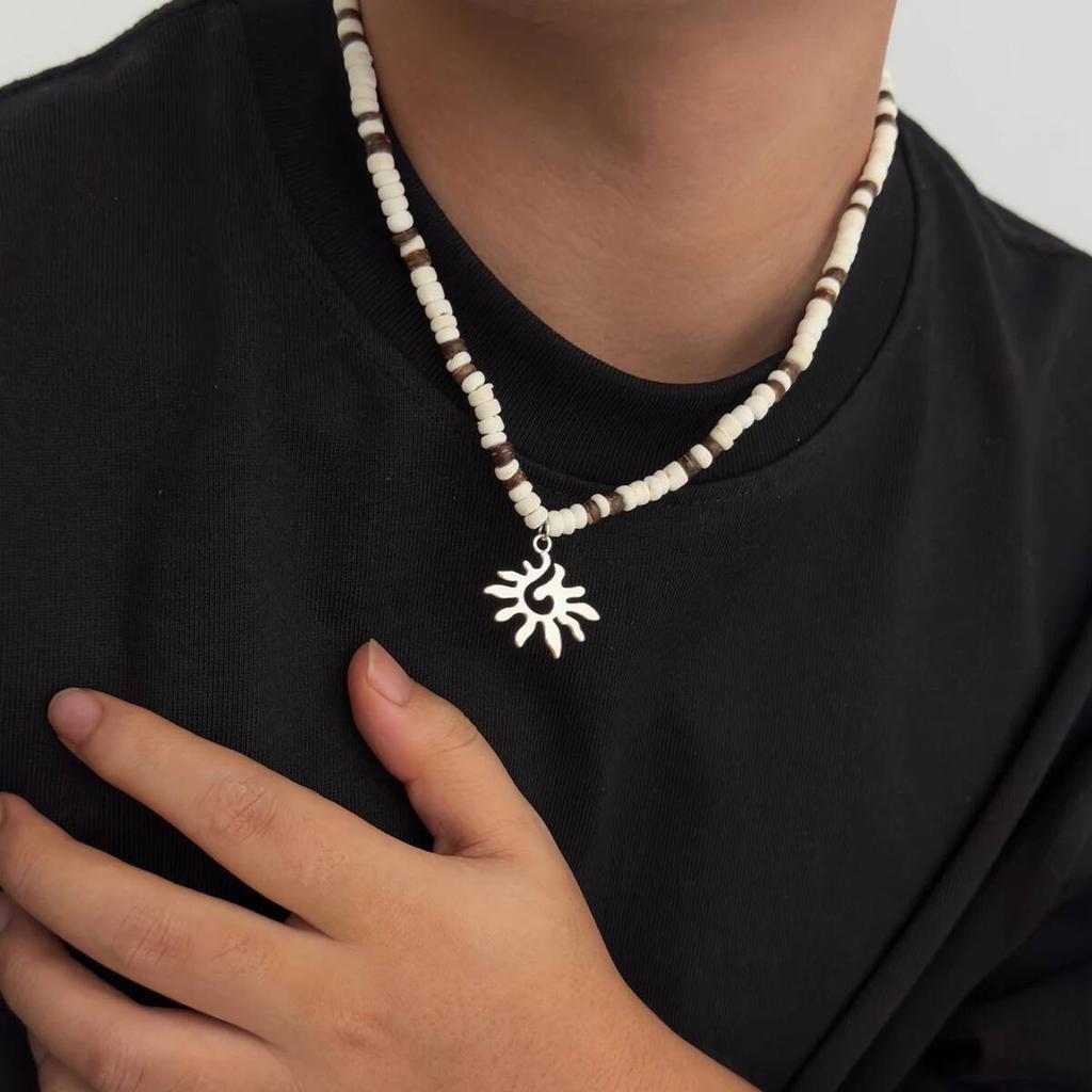 SHIXIN Minimalist White/Brown Wooden Bead Chain Choker Necklace for Men New Trendy Sun Pendant Necklace Male Jewelry Accessories