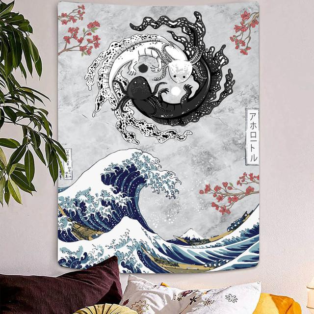 

Гора Фудзи, японский гобелен, Великая волна, настенные украшения, вишневый цвет, бохо, домашний декор, черно-белые гобелены 95x73cm