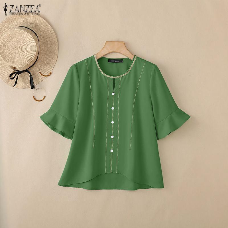 ZANZEA Women Casual Round Neck Solid Color Loose Half Sleeve Blouse
