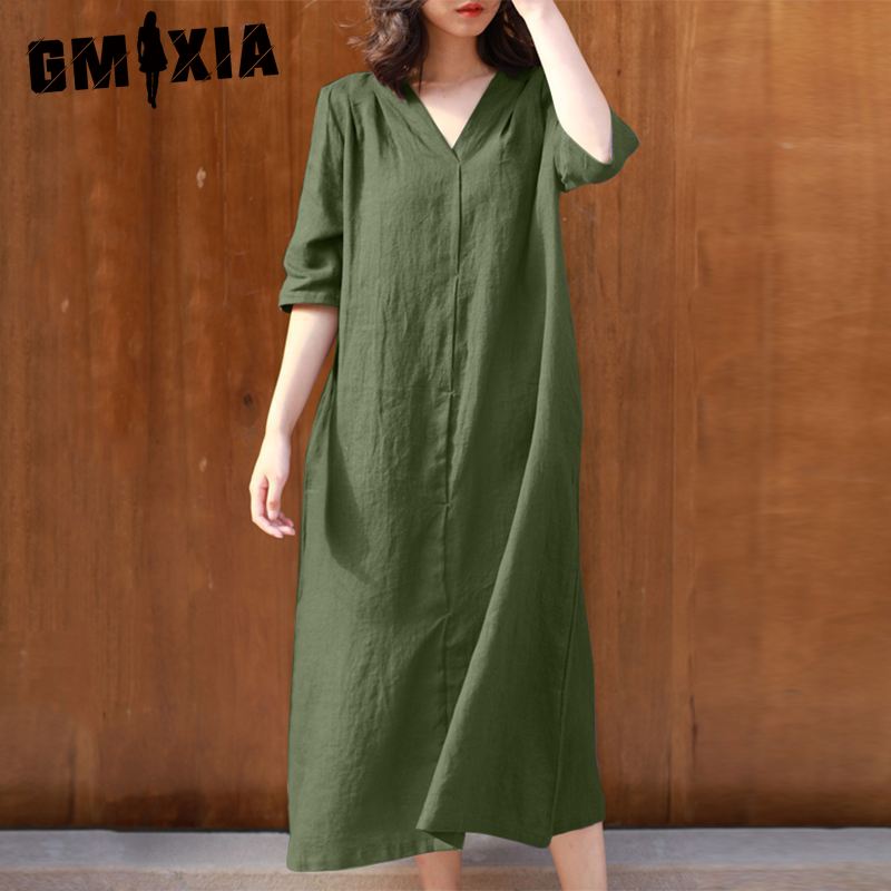 GMXIA Women's Fashion Summer Spring Solid Color Print 1/2 Sleeves V-Neck High Waist Casual Dresses