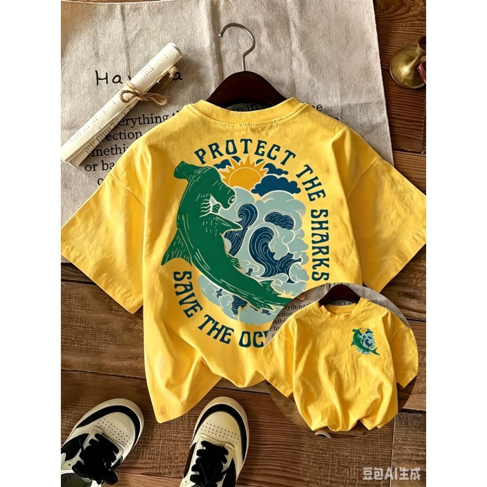New Arrival Cotton Hammerhead Shark Graphic Short Sleeve Daily Casual Unisex Kids Adults Loose Beach Top