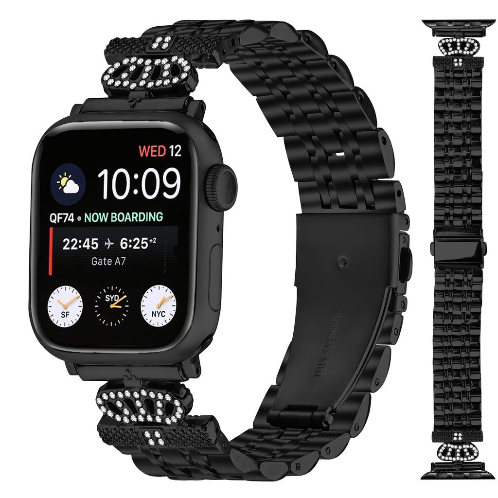 Watch Band For Apple Watch Series 10 9 8 7 SE 6 5 4 3 2 1 42mm 41mm 40mm 38mm 7-Bead Rhinestone Crown Stainless Steel Strap