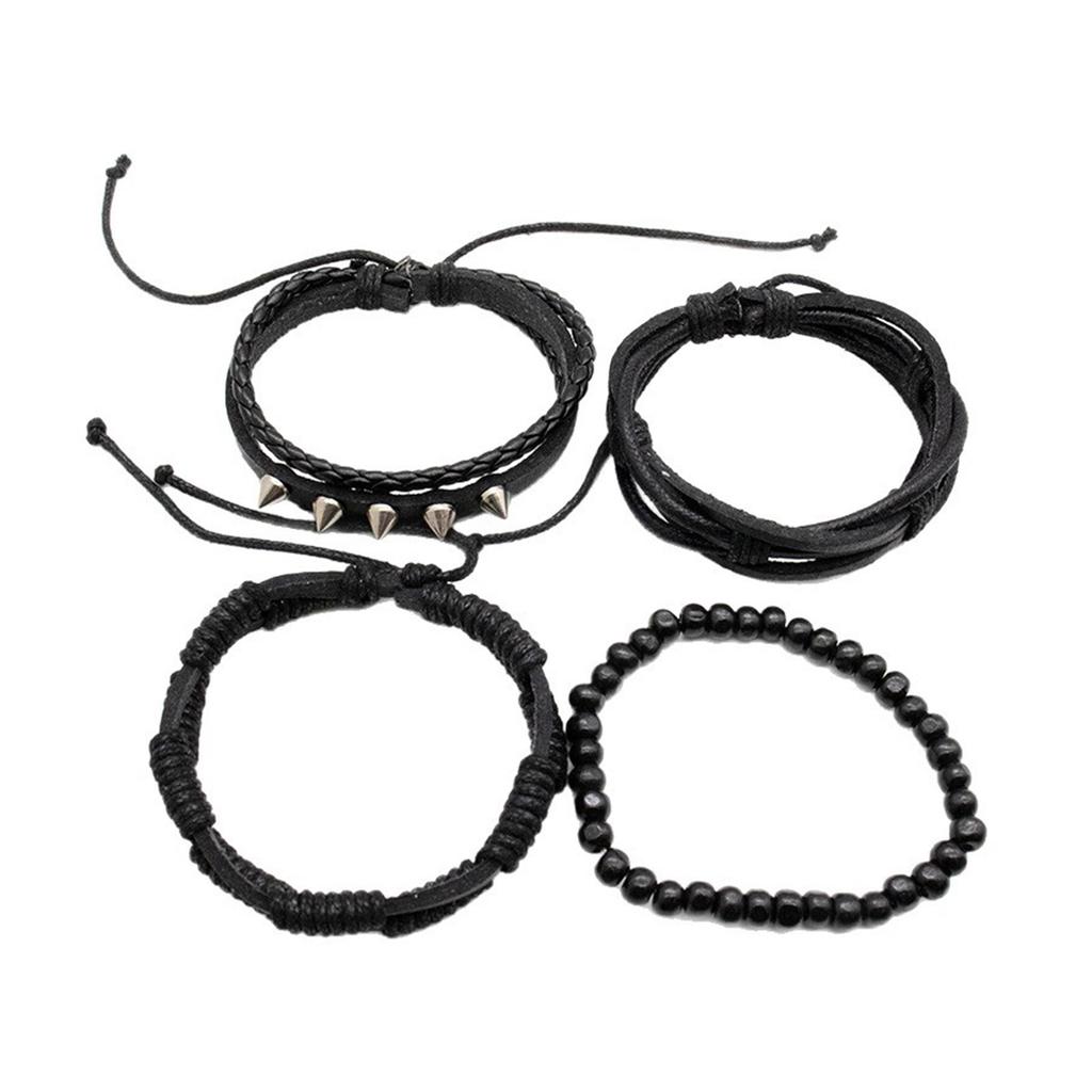 Pack of 4 Punk Styles Leather Bracelets With Metal Studs Braided Designs Adjustable Closure for Men Women Gift Set