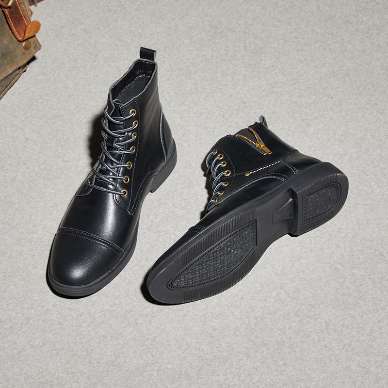 Men’s Motorcycle Boots Winter Black Leather Street Style Ankle Boots with Fur for Men Plus Size High Top