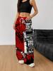 Autumn red and black newspaper graffiti text full of women's drawstring elastic waist trousers