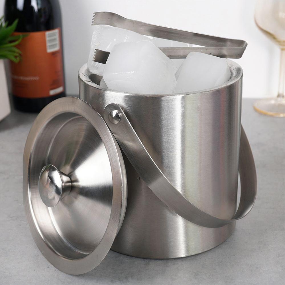 Steel Thermal Ice Bucket Thermos Container for Cubes + Tongs