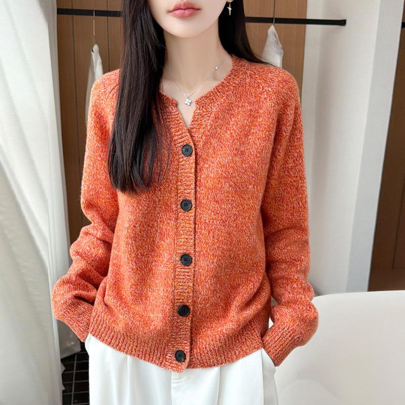 Autumn/Winter Pure Wool Thick V-Neck Long Sleeve Heather Yarn Cardigan Sweater