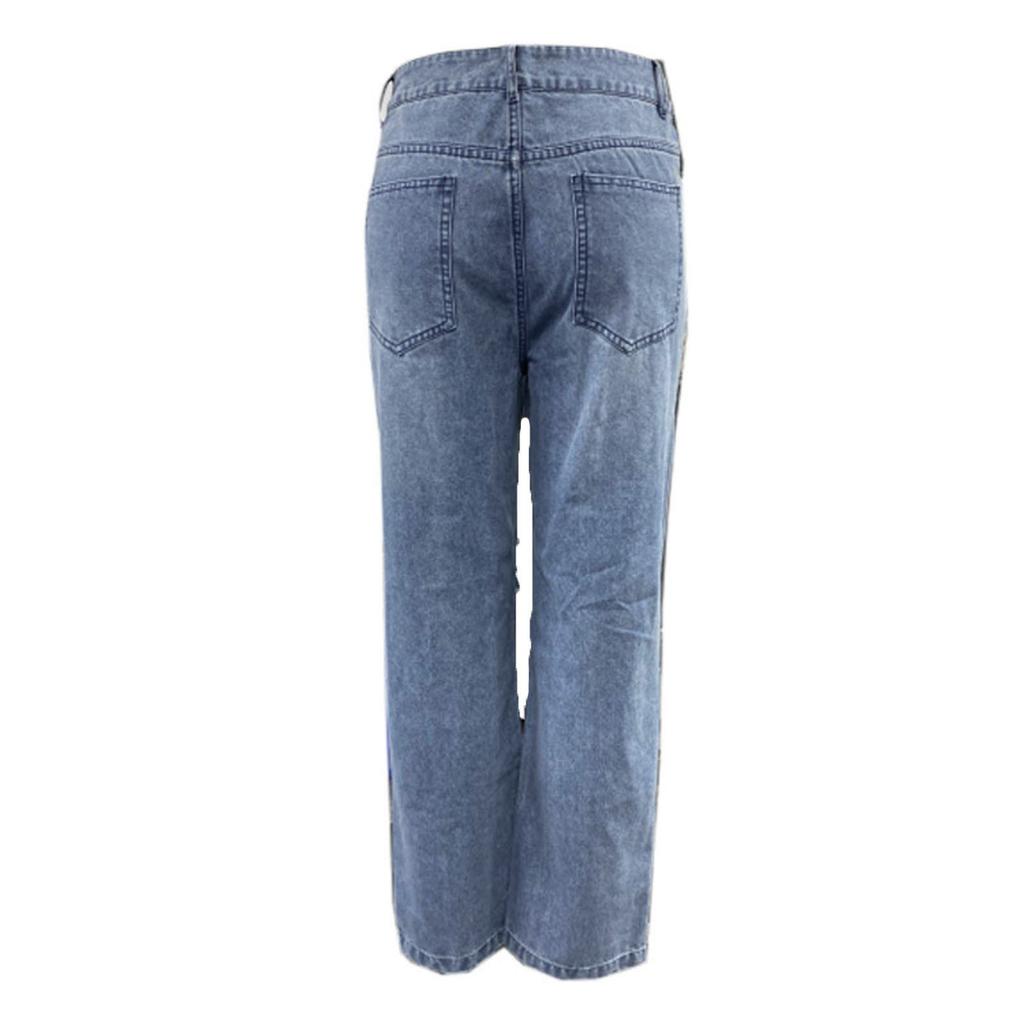 Women Button High Waist Pocket Elastic Hole Jeans Trousers Loose Denim Pants