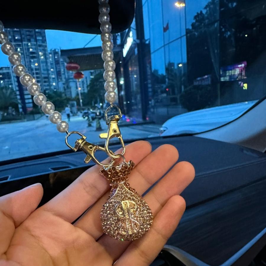

1 шт. Кошелек со стразами, Автомобильное подвесное украшение, Зеркало заднего вида, Золотой, Синий, Металлический брелок, Жемчужная цепочка, Подвеска для сумки золотой