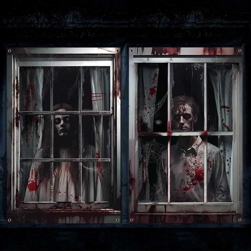 2Pcs Halloween Ghost Curtain Scary Blood Ghost Skull Window Cover Halloween Window Poster Decorations for Outdoor Party Decor