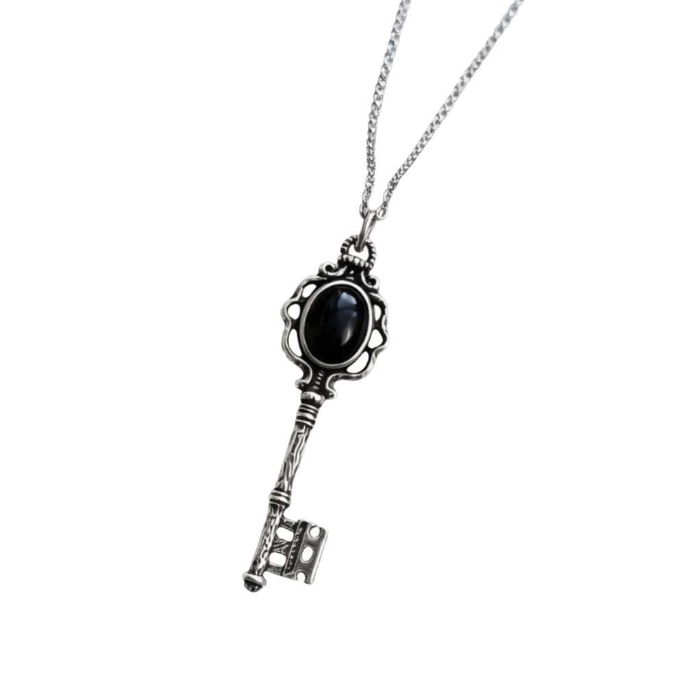 Retro Key Pendant Necklace Moonstone Obsidian Statement Jewellery Vintage Black Stone Necklace Party Accessories