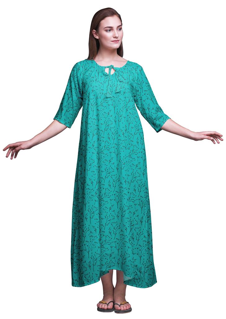 Bimba Dark Rose Brown Floral Leaves & Camellia Kanjiro Printed Nightgowns Maxi Sleepwear For Women Long Sleep Dress