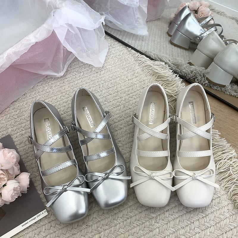 Fashion Female Sandal Retro Woman Shoes Block Heels Mary Jane Shallow Mouth 2024 Summer Girls Original Chunky Bow New Butterfly-knot
