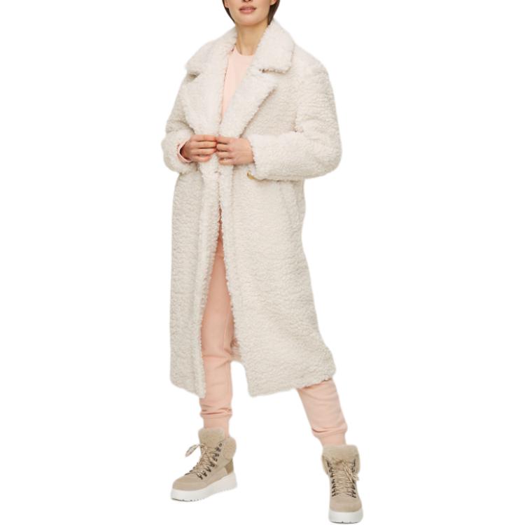 UGG Gertrude Long Teddy Coat Solid Color Lapel Double-Breasted Fitted Long Sleeve Mid-Length Coat Women coats White 1120631-WHITE