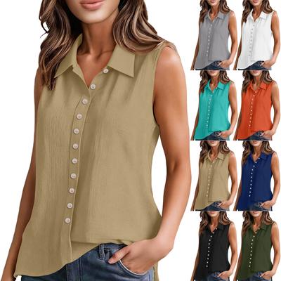 Women’s Fashionable Plain-Coloured Cotton-Linen Single-Breasted Sleeveless Shirt- T-Shirt