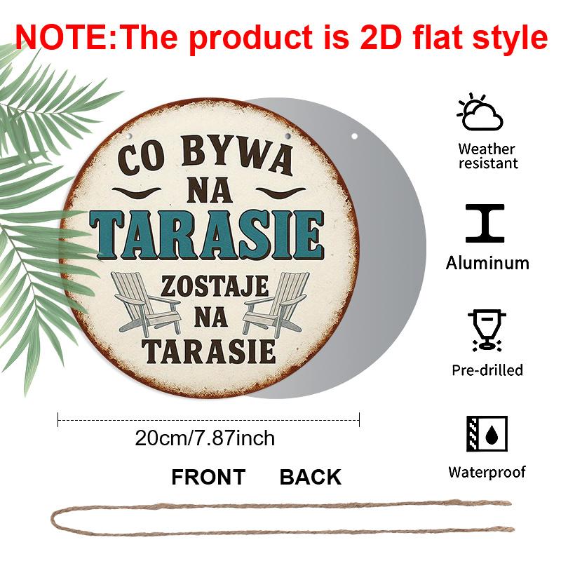 2D Flat - 1pc 7.87x7.87 Inch Round Polish Aluminum Sign | "Co Bywa Na Tarasie" Vintage Bohemian Garden Decor Plaque with Rustic Chairs & Sunset